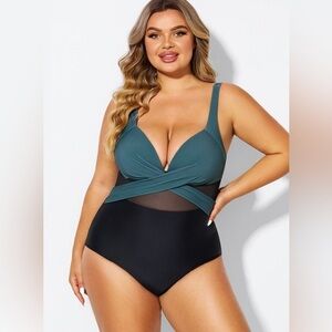 MEET CURVE Sz 2XL One Piece Bathing Suit Padded Cups Mesh Colour Block NEW